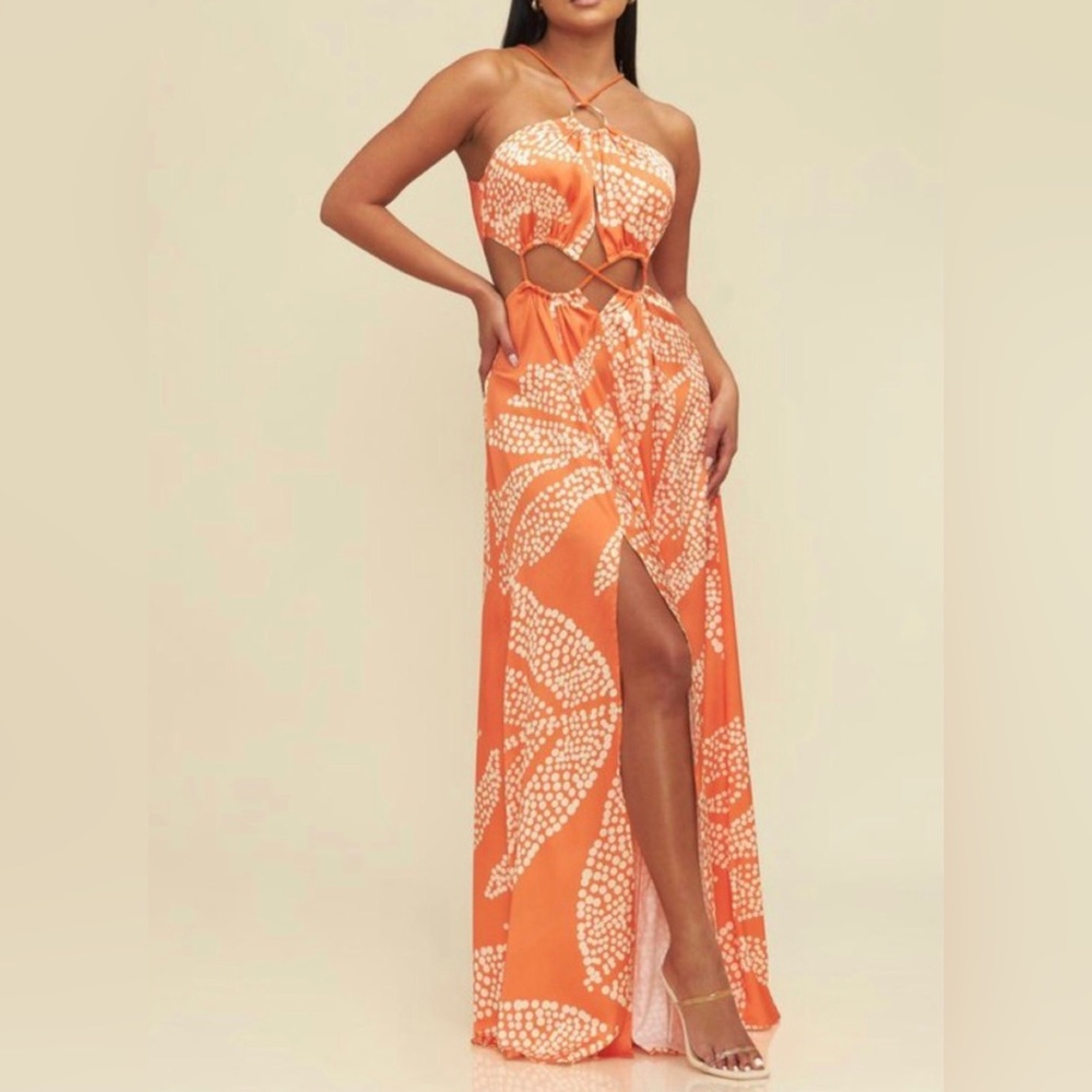 Spotted Palms Cutout High Slit Maxi Dress